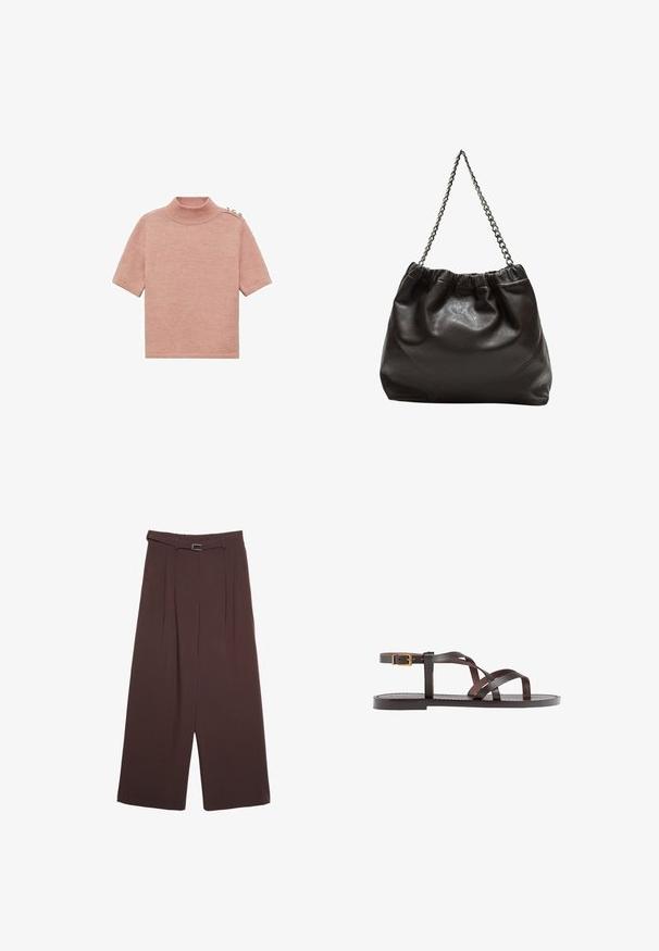 Ružičasti kratkotrajni džemper s kratkim rukavima od mekanog materijala, s tri dekorativna gumba na lijevom ramenu za dodatne detalje.; Stradivarius WIDE-LEG WITH BUCKLE DETAIL - Hlače - dark brown; Smeđe kožne sandale s iskrižanim trakama, umetkom za zapešće s kopčanjem i ravnim potplatom s minimalnim detaljima šivanja.; Smeđa kožna torba s naboranim vrhom i lančićem za nošenje. Glatka tekstura s sjajnim završetkom i suptilnim šavnim detaljima sa strane.