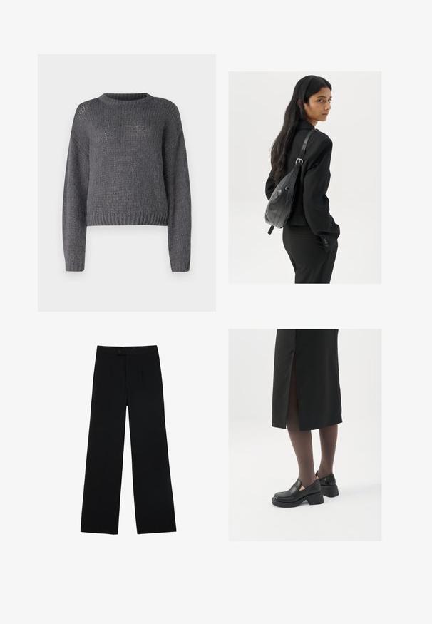 Šedý pletený svetr s kulatým výstřihem, dlouhými rukávy a žebrovaným lemem. Obsahuje texturovanou, mírně volnou pleteninu po celém povrchu.; Černé kalhoty širokého střihu vyrobené z hladkého materiálu, s předním zapínáním na knoflík a dvěma sklady pro zvýraznění detailu. Celkově střižený design.; Černé kožené boty s kulatou špičkou, silným blokovým podpatkem a elastickými bočními akcenty, spárované s tmavými punčochami a černou sukní se rozparkem.; Žena s dlouhými tmavými vlasy, oblečená v černém obleku, nese černou koženou kabelku přes rameno a dívá se přes rameno na bílém pozadí.