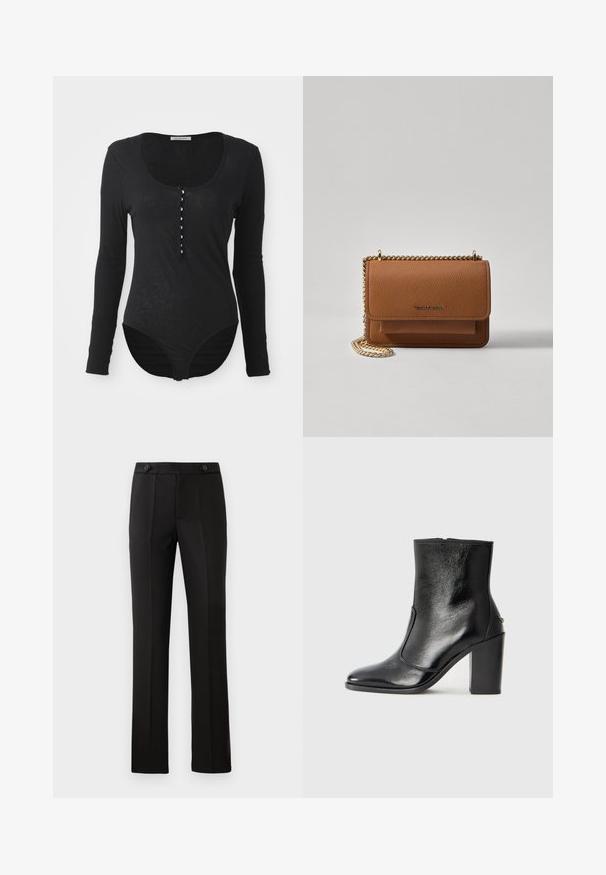 Långärmad svart bodysuit i ett mjukt, lätt material. Har en rundad halsringning och en knappförslutning framtill med sex vita knappar.; Svarta skräddarsydda byxor med rak benprofil, två framfickor, knappstängning och veckdetaljer på framsidan. Slät tygtextur.; Svart läderankelboot med en slät yta, spetsig tå och en kraftig hög klack. Har en sidöppning och ett minimalistiskt design.; Brun texturerad läder crossbody-väska med guldkedja och klaffstängning. Framsidan har logotypdetalj och en ficka under klaffen.