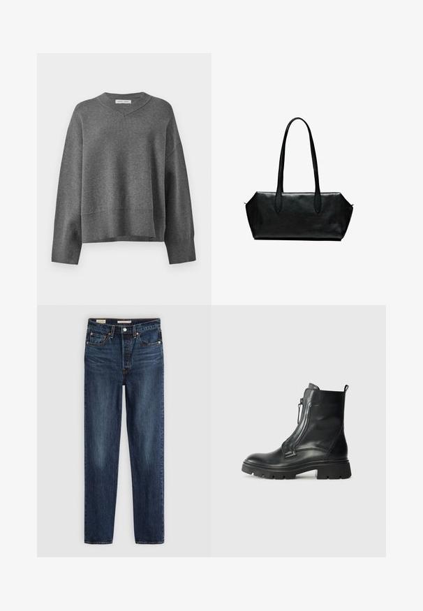 Grauer Strickpullover mit V-Ausschnitt, gerippten Manschetten und unterer Säume. Mit überschnittenen Schultern und lockerer, kastiger Passform. Weiche Textur.; Weißes Langarm-Hemd mit Knopfverschluss, Kragen und einer einzelnen Brusttasche, leicht geschwungener Saum, auf weißem Hintergrund präsentiert.; Dunkelblaue gerade geschnittene Jeans mit fünf Taschen, Knopf- und Reißverschluss und kontrastierenden Nähten.; Schwarze Leder-Ankle Boots mit einer robusten Gummisohle, seitlichem Reißverschluss, glatter Textur und einer leicht abgerundeten Zehenpartie. Minimalistisches Design ohne Muster.; Schwarze Ledertasche mit langen Griffen, rechteckiger Form, glatter Oberfläche und schrägen Seiten, mit minimalistischer Gestaltung und ohne sichtbare Beschläge.