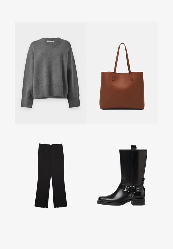 Sivi pleteni pulover s V-izrezom, rebrastim manžetama i donjim rubom. Ima spuštena ramena i labav, kutijasti kroj. Mekana tekstura.; Crne hlače ravnog kroja, s prednjim džepovima i bočnim prorezima na rubu. Izrađene od mekog i glatkog materijala. Pogodne za razne prigode.; Crne kožne čizmice do koljena s šiljastim prstima, sličnim srebrnim kopčama i debelim potplatima. Imaju rupicu za lakše oblačenje.; Smeđa kožna torba preko ramena s glatkom teksturom, otvorenim vrhom i dvjema naramenicama. Ima minimalne šavove i nema vidljivog hardvera.