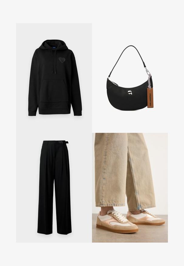 Crna dukserica od mekanog materijala, s kenguruljom, vezicama i sjajnim logotipom srca na prsima. Jednostavan, opušten kroj.; Crne široke hlače s visokim strukom, nabranima sprijeda i remenom s kopčom. Izrađene od glatkog, laganog materijala.; Tamni i kremasti tenisice s dizajnom od antilopa i mrežice, s vezanjem i gumenim potplatima, upareni s tamnim širokim trapericama.; Crna kožna torba s teksturom od šljunka, zakrivljenog oblika, s gornjim zatvaranjem na zip, srebrnim detaljima i smešnim oznakom. Sadrži akcenat logotipa.