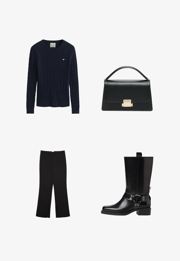 Tmavě modrý pletený svetr se vzorem copánků, kulatým výstřihem a žebrovanými manžetami a lemem; na hrudi malá vyšívaná značka.; Černé kalhoty s rovným střihem, s předními kapsami a bočními rozparky na lemu. Vyrobené z jemné, hladké tkaniny. Vhodné na různé příležitosti.; Černá kožená vysoká bunda s špičatou špičkou, stříbrnými sponami a robustní podešví. Obsahuje poutko pro snadné obutí.; Černá kožená kabelka se strukturovaným designem, horním uchopením a zlatým kovovým zapínáním na přední straně. Hladký povrch, minimální švy.