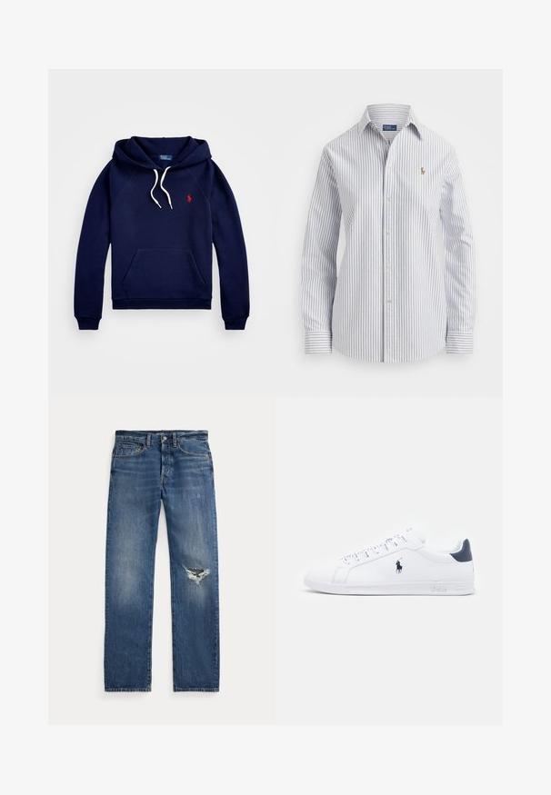 Hanorac bleumarin din amestec de bumbac, cu buzunar tip cangur, material texturat, șnururi albe și un mic logo roșu pe piept.; Cămașă cu dungi, în nuanțe de albastru deschis și alb, cu un material moale, guler clasic și logo brodat pe piept.; Jeans bleumarin din denim cu talie medie, cinci buzunare și o ruptură desfăcută la genunchiul drept.; Tenisi albe din piele, cu o finisare netedă, accente bleumarin și un logo mic pe lateral. Prezintă șireturi plate și o talpă din cauciuc texturată.