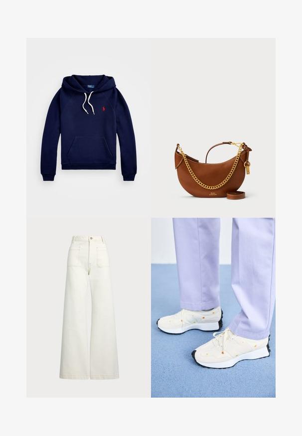 Marinblå hoodie i bomullsblandning, med kenguruficka, texturerad tyg, vita snoddar och en liten röd logotyp på bröstet.; Vida jeans i off-white denim. Hög midja med knappstängning, två framfickor och kontrastsömnadsdetaljer.; Vita sneakers med svarta sulor och orangea detaljer, parat med ljuslila byxor. Sneakers har en texturerad ovandel och snörning.; Brun läderhandväska med en böjd design, guldkedjesnor, innerväska och ett avtagbart axelband. Har kontrasterande sömmar.