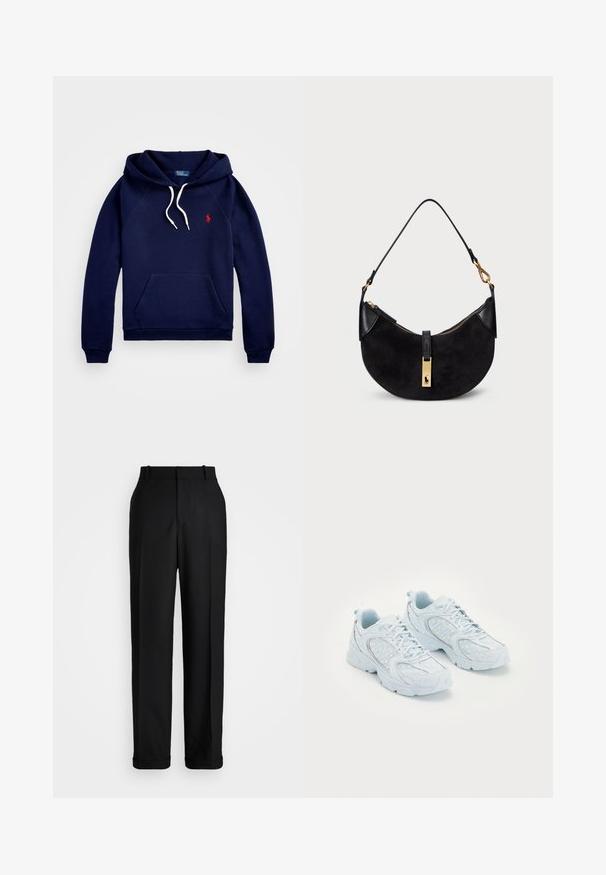 Tumesinine kapuutsärk, mis on valmistatud puuvillase segu materjalist, omab taskut, tekstureeritud kangast, valgeid paelu ja väikest punast logo rinnal.; Polo Ralph Lauren HIGH RISE RELAXED STRAIGHT TROUSER - Püksid - black; Heledad sinised spordijalatsid, mille ülemine osa on valmistatud võrgust ja sünteetilisest materjalist, millel on valged täpid ja peegeldavad detailid, nööridega disain ja pehmendatud tallad.; Must värvusega kott, millel on kumer kuju, valmistatud sametist ja nahast, millel on kuldse tooni tõmblukk ja logo detail. Kaasas lühike sang.