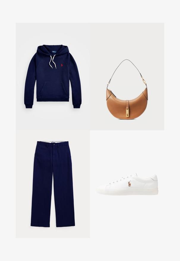 Temno moder hoodie iz mešanice bombaža, z kenguru žepom, teksturirano tkanino, belimi vrvicami in majhnim rdečim logotipom na prsih.; Temno modri hlače ravnega kroja z zankami za pas, gumbom za zapiranje in stranskimi žepi na enobarvnem svetlem ozadju.; Bela usnjena teniski čevlji, nizki model, z gladko teksturo, okrogle konice, vezavi spredaj ter majhnim vezenim logotipom na strani.; Torbica iz rjavega usnja s ukrivljeno obliko, z zlatimi dodatki in tankim naramnim trakom. Ima zadrgo za zapiranje in detajl logotipa na sprednji strani.