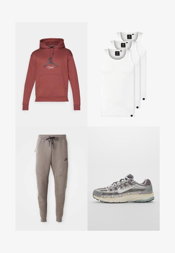 Sarkans sporta kapuce ar kangaroo kabatu, ar auklu, un melnu Jumpman logo ar "Flight" tekstu baltā krāsā uz priekšpuses.; Trīs baltas ribotas krūšturi, kas izgatavoti no kokvilnas. Iezīmēti ar apaļu kakla izgriezumu un maziem melniem etiķetēm tuvu apakšmalai. Pieejami vairākos izmēros.; Pelēki Nike sporta bikses ar aukliņu viduklī, sašaurinātiem galiem, sānu kabatām un izteiktām šuvēm. Mīksta, teksturēta auduma.; Pelēkie sporta apavi ar tīkla un zamša augšdaļu, baltiem akcentiem, mīkstinātu zoli un izcilu dizainu ar atstarotājiem.