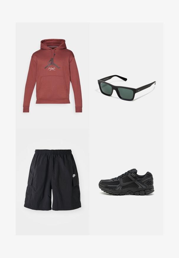 Felpa atletica rossa con cappuccio a kangaroo, cappuccio regolabile con stringa e un logo Jumpman nero con il testo "Flight" in bianco sulla parte anteriore.; Shorts cargo neri Nike realizzati in materiale leggero, con una vita elastica, tasche laterali e il logo Nike in bianco sulla gamba sinistra.; Scarpa sportiva nera con tomaia in mesh, suola in gomma e dettagli testurizzati. Il design include un sistema di allacciatura pronunciato e una suola imbottita.; Occhiali da sole neri rettangolari con lenti verdi, caratterizzati da una finitura opaca, aste dritte e il logo Ray-Ban sul lato.
