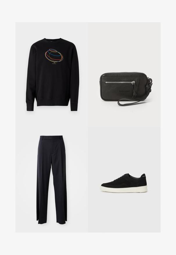 Felpa nera con un design grafico circolare multicolore e testo dorato "PS Paul Smith" sul petto. Tessuto di cotone, scollo rotondo.; Pantaloni neri a vita alta con gamba larga, realizzati in tessuto liscio. Presentano pieghe frontali e passanti per cintura. Design minimalista, senza hardware visibile.; Sneaker in suede nero con design con lacci e suola in gomma bianca a contrasto. Presenta pannelli laterali testurizzati e un marchio discreto sul tallone.; Clutch nera in pelle con superficie testurizzata, tasca frontale con zip e tracolla rimovibile. Presenta una patch con logo sul davanti. Forma rettangolare.