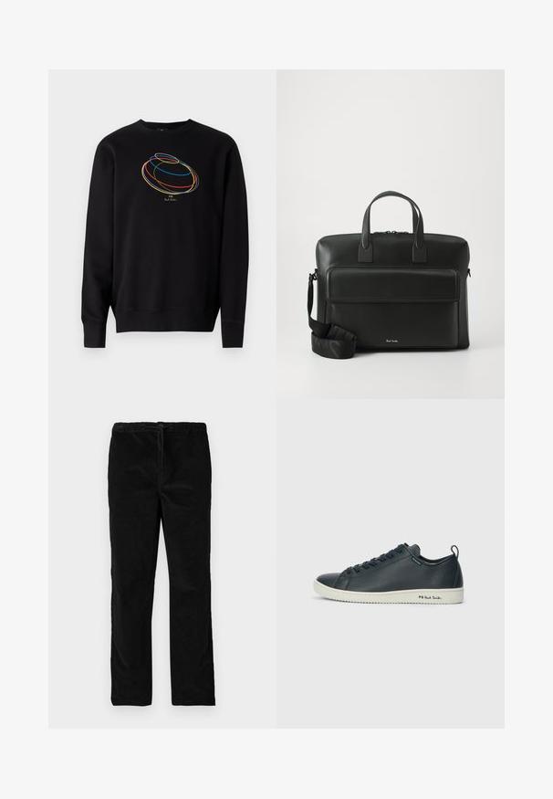 Felpa nera con un design grafico circolare multicolore e testo dorato "PS Paul Smith" sul petto. Tessuto di cotone, scollo rotondo.; Pantaloni neri in velluto a gamba dritta con vita elastica e cordoncino anteriore, esposti su uno sfondo bianco uniforme.; Sneaker in pelle blu scuro con finitura liscia, punta arrotondata, allacciatura con sei occhielli e suola in gomma bianca a contrasto. Caratterizzato da un logo sul lato.; Valigetta in pelle nera con manici superiori doppi, una tasca frontale e una tracolla staccabile, con un sottile marchio in fondo.