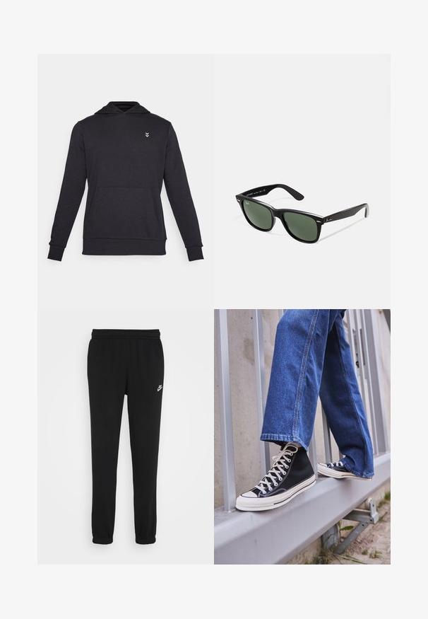 Felpa nera con cappuccio realizzata in tessuto morbido, con maniche lunghe, una tasca frontale e un piccolo logo sul petto.; Pantaloni da jogger neri con vita elasticizzata, polsini alle caviglie e un piccolo logo Nike bianco sul lato sinistro. Realizzati in un morbido tessuto testurizzato.; Scarpe da ginnastica nere alte con suola e lacci bianchi, abbinate a jeans di denim blu larghi, appoggiate su un parapetto grigio.; Occhiali da sole in plastica nera con lenti verdi, montatura quadrata, dettaglio argento sulla parte superiore e steli con texture. Marchio indicato sulla parte interna dello stelo.