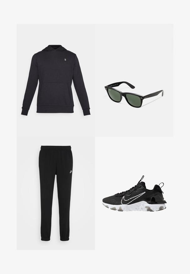 Melna kapucēta džemperis, kas izgatavots no mīkstas auduma, ar garām piedurknēm, priekšējo kabatu un mazu logo uz krūtīm.; Melni sporta bikses ar elastīgu jostu, ar piegulošām potītēm un mazu balto Nike logo kreisajā pusē. Izgatavotas no mīksta teksturēta auduma.; Melnas sporta kurpes ar teksturētu auduma virsu, baltu Nike swoosh un biezu baltu zoli. Iekļauts vilkšanas cilpa uz papēža vieglai uzvilkšanai.; Melnas plastmasas saulesbrilles ar zaļiem lēciem, kvadrātveida rāmjiem, sudrabainu akcentu uz uzacīm un teksturētām tempļu kājām. Zīmols norādīts uz iekšējās kājas.