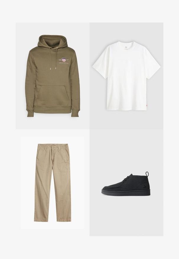 Hoodie vert olive avec une poche kangourou, capuche avec cordon de serrage, et logo brodé représentant un design de bouclier avec du texte sur la poitrine.; T-shirt blanc à manches courtes en coton avec col rond. Présente un détail de logo en relief discret à l'avant et une étiquette rouge à l'ourlet.; Chinos beiges à jambes droites avec passants de ceinture, fermeture par bouton et fermeture éclair à l'avant, et poches avant en biais.; Bottines en suède noir à lacets avec tirant et semelle texturée, présentant un petit logo de crocodile embossé sur le côté.