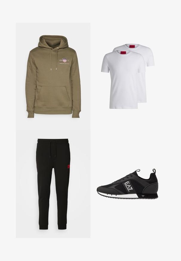 Felpa verde oliva con tasca a marsupio, cappuccio regolabile con cordino e logo ricamato raffigurante un design a scudo con testo sul petto.; Due magliette bianche a maniche corte, in cotone, con scollo tondo, caratterizzate da un'etichetta rossa HUGO al collo. Senza fantasie né grafiche.; Pantaloni felpati neri realizzati in tessuto morbido, con vita regolabile tramite cordoncino, vestibilità slim e una patch rossa con logo sulla coscia sinistra.; EA7 Emporio Armani Sneakers basse - black/white