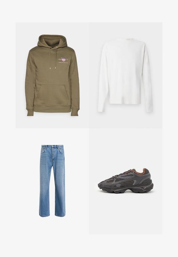 Olivgrüne Kapuzenjacke mit Kängurutasche, Kordelzugkapuze und gesticktem Logo mit einem Schilddesign und Text auf der Brust.; Langärmliges weißes Baumwollhemd mit rundem Ausschnitt, seitlichen Schlitzen am unteren Rand und glatter Textur, von hinten präsentiert.; Helle blaue Jeans im Geradeschnitt-Design, mit fünf Taschen, Knopfverschluss, minimaler Ausbleichung und kontrastierenden Nähdetails.; Lacoste Sneaker in Dunkelgrau aus Mesh und Synthetikmaterial, mit einer strukturierten Sohle und braunen Akzenten am Kragen und Logo.