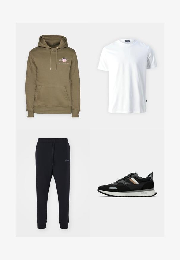 Felpa verde oliva con tasca a marsupio, cappuccio regolabile con cordino e logo ricamato raffigurante un design a scudo con testo sul petto.; T-shirt bianca in cotone con colletto girocollo e maniche corte, caratterizzata da un sottile logo "Joop!" impresso sul petto e un orlo dritto.; Pantaloni della tuta neri realizzati in materiale morbido, con vita elastica, coulisse e gambe affusolate. Presenta un piccolo logo sul lato.; Scarpa da corsa nera con superficie testurizzata, dettagli grigio chiaro e tre strisce orizzontali marroni. Presenta una suola bianca imbottita.