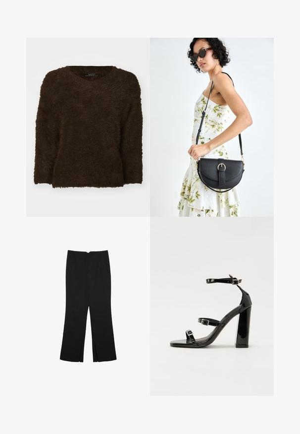 Rjav, puhast pulover z V-izrezom, dolgimi rukavi in teksturirano površino. Rob je raven in rahlo čez velikost. Brez vidne opreme.; Črne hlače ravnega kroja z naglavnimi žepi in stranskimi razporki na robu. Narejene iz mehke, gladke tkanine. Primerne za različne priložnosti.; Črne lakirane sandale s peto, kvadratnim prstom, trakovi okrog gležnja in srebrnimi zaponkami. Opremljene so s stabilno Debelo peto.; Črna usnjena torbica s ukrivljeno obliko, z odstranljivo naramnico in zlatimi dodatki. Torbica ima pokrov s podrobnostmi v obliki zaponke.