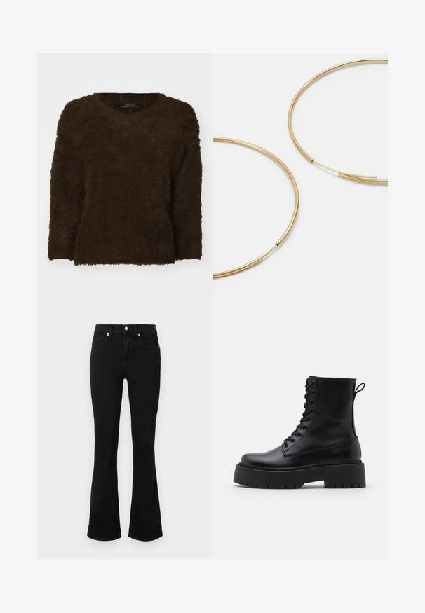 Brūna, pūkaina džemperis ar V veida kaklu, garām piedurknēm un teksturētu virsmu. Malas ir taisnas un nedaudz pārāk lielas. Redzamas aparatūras nav.; Melni zvilnēti džinsi ar izplestiem iekšējiem galiem, ar vidēju vidukļa augstumu, priekšējām kabatām un pogu aizdari. Gluda tekstūra ar minimālām šuvju detaļām.; Melni ādas potītēm zābaki ar apļveida purngalu, auklām priekšpusē un biezu gumijas zoli ar teksturētu protektoru. Velkšanas cilpa aizmugurē.; Zelta krāsas auskari gredzena formā, plāni un apaļi, ar gludu metāla apdari un bez rotājumiem vai zīmējumiem.