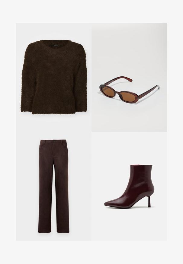 Bruine, fluffy trui met een v-hals, lange mouwen en een gestructureerd oppervlak. De zoom is recht en iets oversized. Geen zichtbare hardware.; Rechtdoorgaande donkerbruine suede broeken met voorknop- en ritssluiting, riemlussen en zijzakken.; Bordeaux patentleren enkelboot met een spitse neus en een slanke stilettohak, met een gladde, glanzende textuur en een minimalistisch ontwerp.; Ronde, bruin getinte zonnebril met een glanzend bordeauxrood frame. Slanke pootjes met subtiele merkdetails. Vlakke lensontwerp.; Geweven bordeauxkleurige handtas met een afgeronde vorm en een enkele handgreep, voorzien van een gestructureerd oppervlak en een elastische trekkoordsluiting.