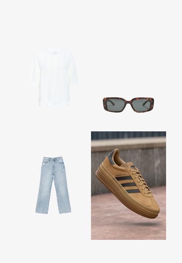 Kaffe WHITNEY - T-shirt basic - chalk; Jeans in denim azzurro chiaro con taglio a gamba larga, dettagli strappati, design a cinque tasche e chiusura con zip.; Sneakers in camoscio beige con texture liscia, caratterizzati da tre strisce scure, punta arrotondata e suola più spessa con un bordo decorato.; Occhiali da sole tartaruga con lenti rettangolari, montatura spessa e lenti scure. Texture liscia e design minimalista.