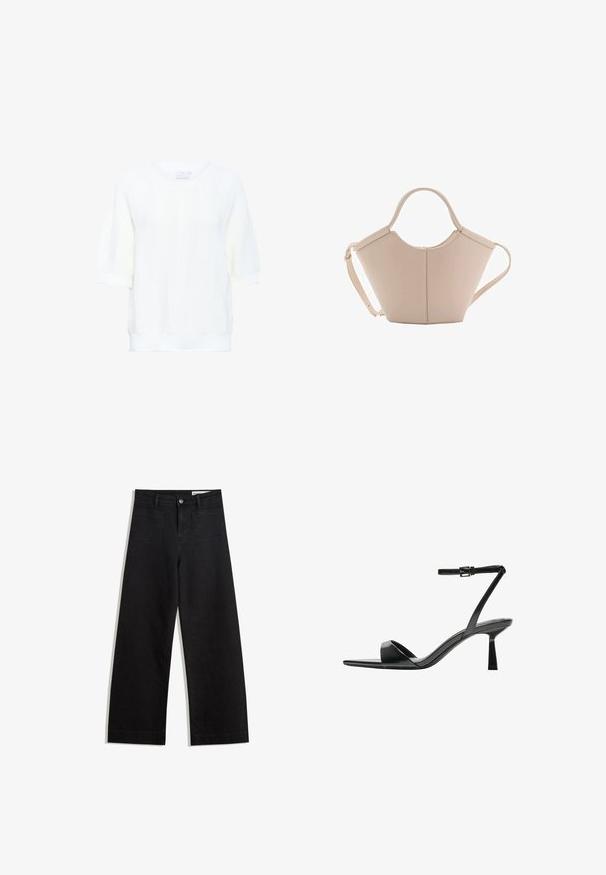 Kaffe WHITNEY - T-Shirt basic - chalk; Schwarze weit geschnittene Jeans mit hoher Taille, ausgestattet mit Vorder- und Hintertaschen, gesteppten Nähten und einem Knopfverschluss. Glatte Textur.; Bershka High Heel Sandalette - black; Beige Lederhandtasche mit einer einzigartigen Form, die zwei kurze Henkel und einen langen verstellbaren Riemen aufweist. Glatte Textur mit minimalen Hardware-Elementen.