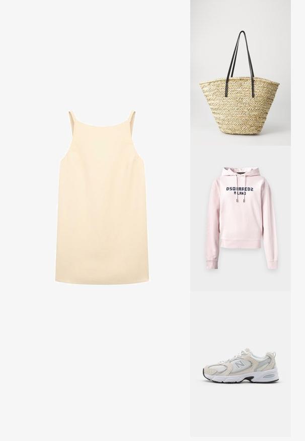 Rosa cropped Hoodie aus weichem Stoff, mit einem grafischen Frontdruck in Marineblau, der "DSQUARED2 MILANO" liest. Verstellbarer Kordelzug an der Kapuze.; Beige ärmelloses Kleid mit lockerer Passform, aus glattem Stoff gefertigt, mit dünnen Schulterträgern und geradem Saum.; Sportlicher Schuh mit einem hellgrauen Mesh-Obermaterial und Wildlederakzenten, weißen Schnürsenkeln und einer schwarzen Gummisohle. Auffälliges ABZORB-Dämpfungselement.; Geflochtene Strohtasche in breiter, sich verjüngender Form mit zwei schwarzen Ledergriffen. Natürliche beige Farbe mit strukturierter Oberfläche.