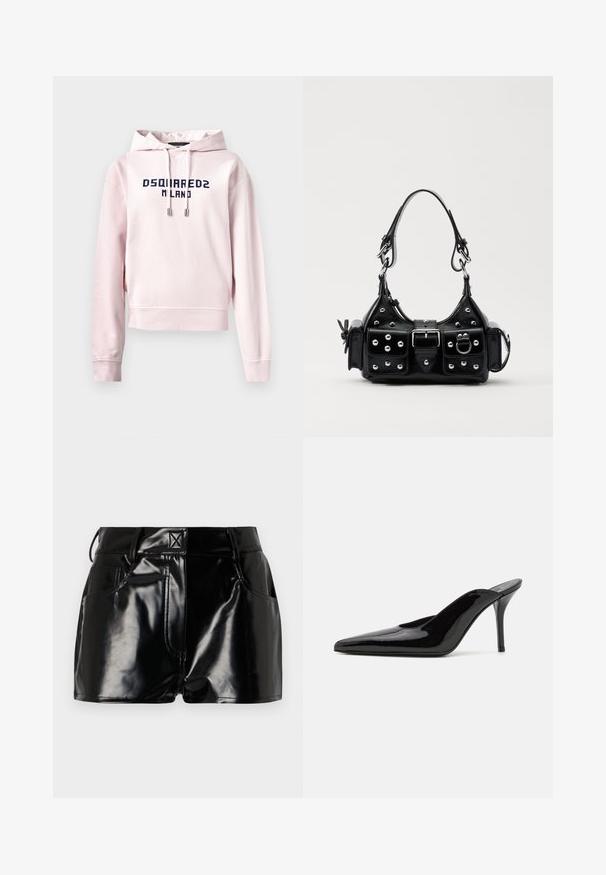 Ροζ κοντό φούτερ φτιαγμένο από μαλακό ύφασμα, με μπροστινή γραφική εικόνα σε ναυτικό χρώμα που γράφει "DSQUARED2 MILANO". Ρυθμιζόμενο κορδόνι στην κουκούλα.; Μαύρο τοπ με στήριξη στον λαιμό, τσόχας ύφασματος, τετραγωνισμένος λαιμός και ελαστικά στοιχεία. Διαθέτει μπροστινό φερμουάρ και μοναδική διακοσμητική μεταλλική λεπτομέρεια στο τελείωμα.; Μαύρο, γυαλιστερό σορτσάκι από συνθετικό υλικό. Διαθέτει εφαρμοστό μέσο, θηλιές ζώνης και μπροστινές τσέπες με έντονες ραφές.; Μαύρο πατεντέ λουστρίνι μπαλαρίνα με ψηλό τακούνι, σε σχήμα μυτερής μύτης και κομψής σιλουέτας, με ανοιχτή πλάτη και λεπτό τακούνι στιλέτο.; Μαύρη δερμάτινη τσάντα χειρός με καμπύλο σχεδιασμό, που διαθέτει ασημένιους στρόφους, κούμπωμα και δύο πλευρικές τσέπες. Ρυθμιζόμενος ιμάντας για επιλογές μεταφοράς.