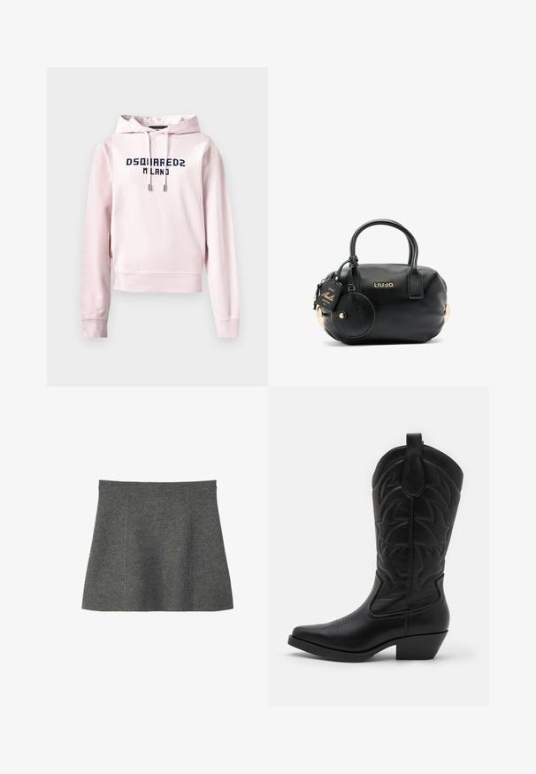 Hoodie cropped rosa realizzato in tessuto morbido, con una grafica frontale blu scuro che reca la dicitura "DSQUARED2 MILANO". Cordino regolabile sul cappuccio.; Gonna corta a trapezio di colore grigio scuro, con una texture liscia e senza motivi o decorazioni visibili.; Stivale da cowboy nero con punta affilata, pelle testurizzata, cuciture decorative sul gambale e tacco basso impilato.; Borsa a tracolla in pelle nera con texture, forma arrotondata, manici corti, dettagli in metallo dorato e un'etichetta circolare attaccata con il logo del marchio.