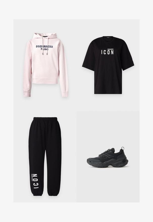 Pink cropped hoodie made of soft fabric, featuring a front graphic in navy that reads "DSQUARED2 MILANO". Adjustable drawstring at the hood.; DSQUARED2 ICON TEE - Print T-shirt - black; DSQUARED2 ICON ICON - Tracksuit bottoms - black; Black athletic shoes with a textured upper, sturdy sole, and a distinctive thick design. Features laces and a pull tab at the back.