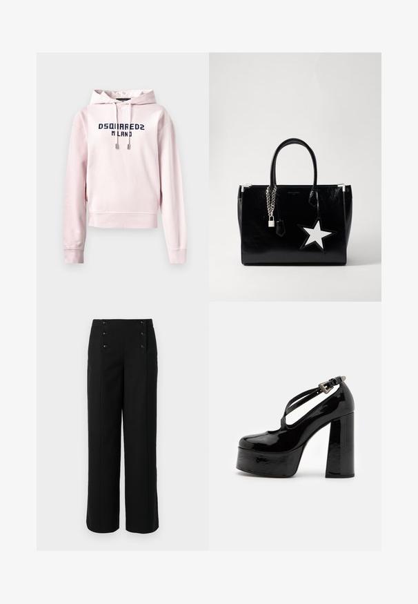 Rosa cropped Hoodie aus weichem Stoff, mit einem grafischen Frontdruck in Marineblau, der "DSQUARED2 MILANO" liest. Verstellbarer Kordelzug an der Kapuze.; Schwarze weit geschnittene Hosen aus glattem Stoff mit hoher Taille und fünf vorderen Knöpfen zum Schließen. Elegantes, maßgeschneidertes Design.; The Kooples CHAUSSURES - High Heel Pumps - black; Schwarze Handtasche aus lackiertem Leder mit eleganter Form. Mit silberner Kettenhardware, einem Schloss und einem weißen Sternelement an der Seite.