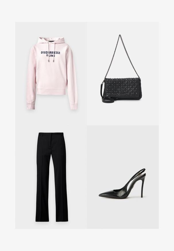 Ružový skrátený mikina vyrobená z mäkkej látky, s predným grafickým motívom v námorníckej farbe, na ktorom je nápis "DSQUARED2 MILANO". Nastaviteľná šnúrka na kapucni.; Čierne nohavice v rovnom strihu z hladkej tkaniny, so plochým predným dielom, pútkami na opasok a bez viditeľných vreciek alebo ozdôb.; Čierne slingback lodičky s špicatou špičkou, textúrovaným hadím vzorom, ihlovým podpätkom a dekoratívnou prackou na pásiku.; Čierna prešívaná kožená taška s reťazovým popruhom, zdobená akcentmi lebky a so zipsovým uzatváraním. Textúrovaný povrch s lesklým povrchom.
