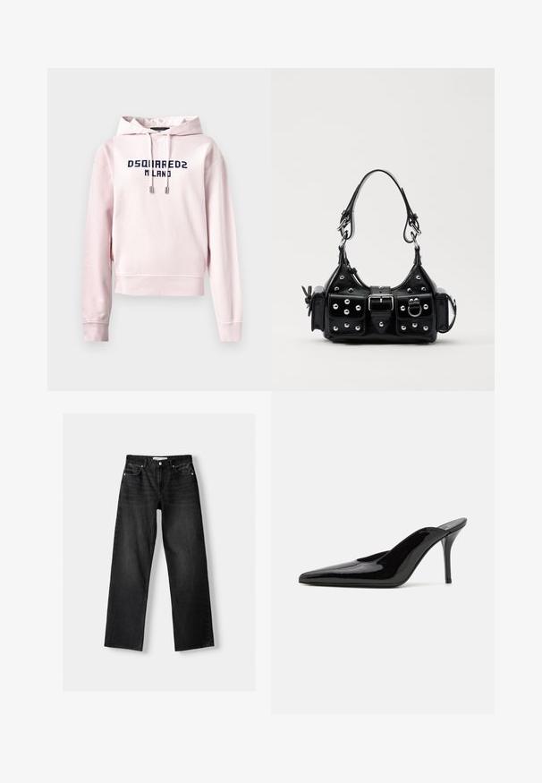 Vaaleanpunainen lyhyt huppari, joka on valmistettu pehmeästä kankaasta. Edessä on tummansininen graafinen printti, jossa lukee "DSQUARED2 MILANO". Säädettävä naru hupussa.; Bershka Straight leg -farkut - mottled dark grey; Mustat patentoidut korkeakorkoiset mulesandaalit, joissa on terävä kärki ja sulavalinjainen siluetti. Kenkäparissa on avonainen takaosa ja hoikka stiletto-korko.; Musta nahkainen käsilaukku, jossa on kaareva muotoilu, hopeiset niitit, solki ja kaksi sivutaskua. Säädettävä olkahihna erilaisiin kantovaihtoehtoihin.