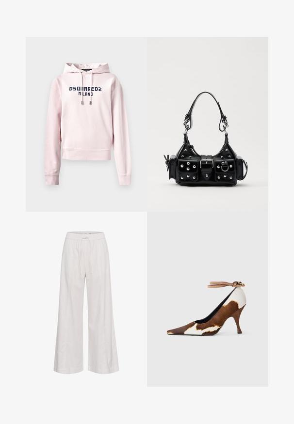 Pink cropped hoodie made of soft fabric, featuring a front graphic in navy that reads "DSQUARED2 MILANO". Adjustable drawstring at the hood.; Wide-leg pants in soft white fabric, featuring an elastic waistband with a drawstring, smooth texture, and no additional embellishments.; Brown and white cow print high heel shoe with a pointed toe, textured surface, and an ankle strap with a light brown buckle.; Black leather handbag with a curved design, featuring silver studs, a buckle, and two side pockets. Adjustable strap for carrying options.