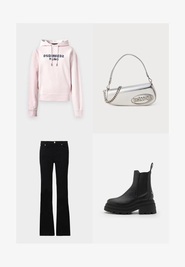 Roosa lühikeste varrukatega kapuutsiga sviiter, mis on valmistatud pehmest kangast ning mille esiküljel on tumesinisest tekstist kiri "DSQUARED2 MILANO". Kapuutsi kohandatav nöör.; Mustad teksased, millel on flared lõige, kaks esi-taskut, nööbiga kinnitamine ja sile tekstuur. Tootemärgistus on nähtav õmblustes.; Mustad mustad tumed nahast Chelseas kingad, millel on elastsed külgpaneelid, paks ja sooniline kummitald ning tagaküljel tõmberaam.; Hõbedane metallist käekott, millel on ümar kolmnurkne kujundus, millel on logo, kettrihm ja sile tekstuur. Küljel on lukuga sulgur.