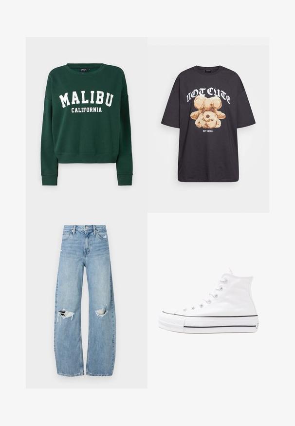 ONLY ONL LIFE CREW STATE NOOS - Camisola - pine grove; T-shirt oversized preto com uma gráfica de um urso e o texto "NÃO FOFO, MAS SELVAGEM" em letras brancas e em negrito. Material em algodão.; Jeans de lavagem clara, de cintura alta, feitos de denim. Apresentam pernas largas, duas áreas rasgadas nos joelhos e o estilo clássico de cinco bolsos.; Sapatilha alta de tela branca com sola de borracha preta, bico de borracha na frente e seis ilhós para os atacadores, apresentando um design limpo e minimalista.