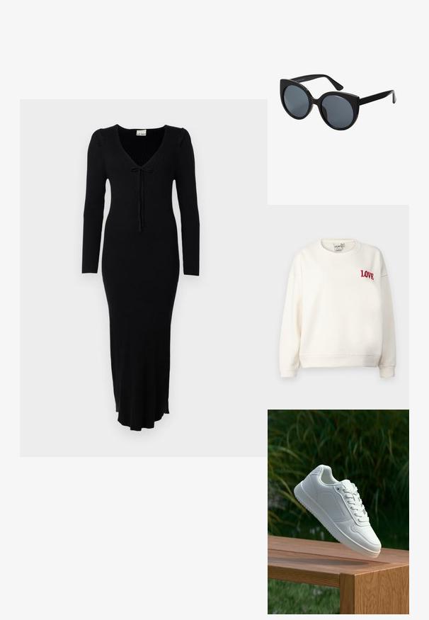 ICHI IHMERELLA - Sweatshirt - birch; Black ribbed knit dress with long sleeves, v-neckline, and a bow tie detail at the front. Features a fitted design and a flared hem.; White sneaker with a smooth synthetic upper, perforated toe box, flat laces, and a textured sole, displayed on a wooden surface.; Black oversized sunglasses with cat-eye shape, dark tinted lenses, and glossy plastic frame. Features thick temples for support.