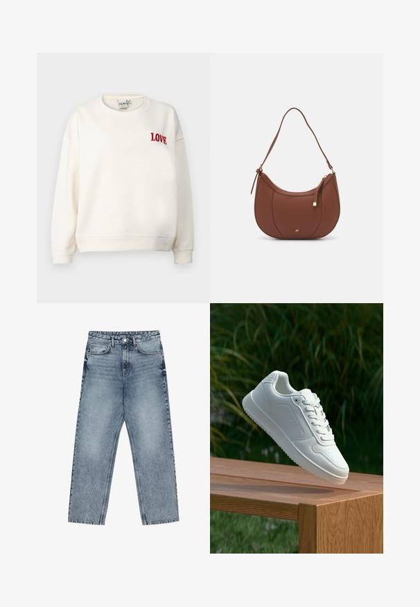 ICHI IHMERELLA - Sweatshirt - birch; Light blue denim jeans with a straight leg cut, visible stitching, five pocket design, and a button closure at the waist.; White sneaker with a smooth synthetic upper, perforated toe box, flat laces, and a textured sole, displayed on a wooden surface.; Brown faux leather shoulder bag with curved shape, minimal stitching, and a gold-tone hardware accent. Features a top zipper closure and adjustable strap.