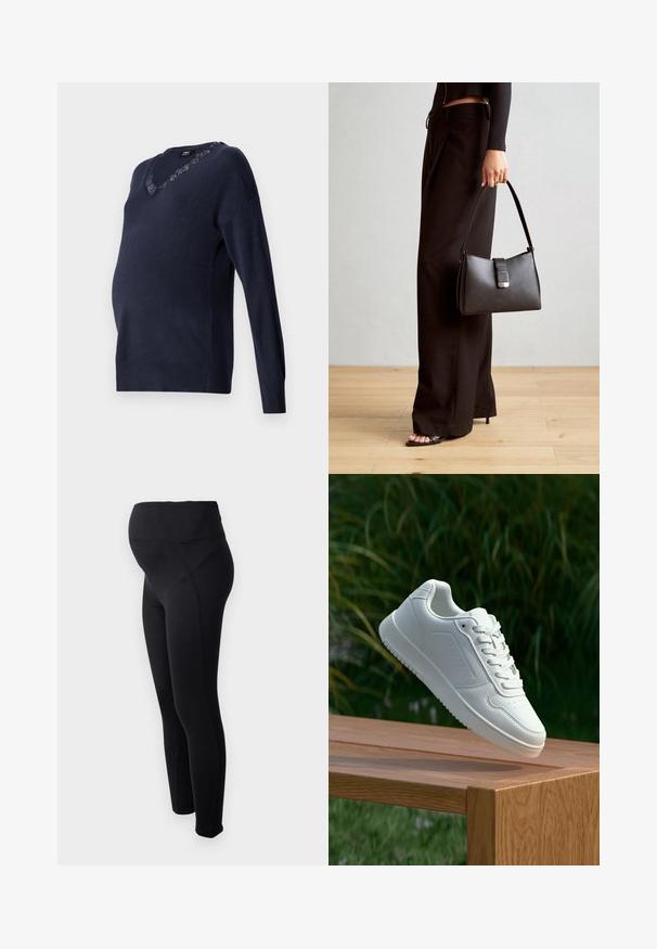 Mornarško modra pletena bluzica za nosečnice z V-izrezom in čipkastim detajlom na ovratniku. Dolgi rokavi in sproščen kroj za udobje.; Črne nosečniške legice z visokim pasom, izdelane iz elastičnega materiala. Imajo gladko teksturo in prilega zasnovo za udobje.; Bela teniska s gladkim sintetičnim zgornjim delom, perforiranim prednjim delom, ravnimi vezalkami in teksturiranim podplatom, prikazana na leseni površini.; Črna torbica z strukturirano obliko, gladko teksturo in kovinskim zaponko. Ujemajo se z širokimi črnimi hlačami in odprtimi sandali na lesenem tleh.