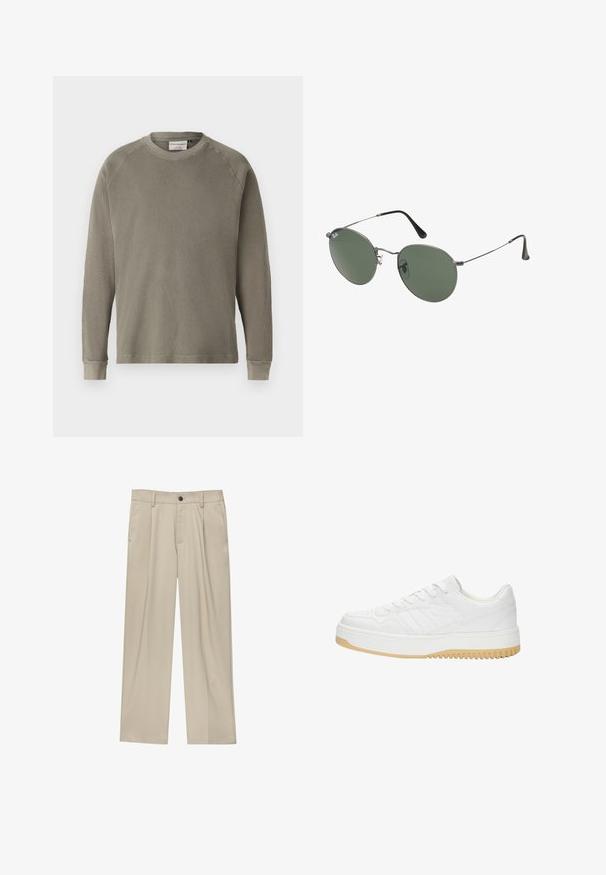 Felpa verde a maniche lunghe con superficie ribattuta e strutturata, scollatura rotonda e maniche con polsini. Presenta maniche raglan per facilitare i movimenti.; Polo bianco in cotone, con colletto classico, maniche corte e un piccolo logo navy sul lato sinistro del petto. Placca con due bottoni.; Pantaloni beige a taglio dritto, con un solo bottone nero, passanti per la cintura e tasche laterali. Tessuto dalla texture liscia e design minimale.; Sneaker bianco in pelle con finitura testurizzata, dotata di suola in gomma, design con lacci e sottili accenti a strisce sui lati.; Occhiali da sole con montatura in metallo e lenti verdi ovali. Montatura sottile in metallo argento e terminali neri. Design minimalista, senza loghi visibili.