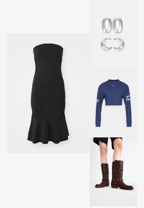 Cămașă lungă cu mânecă lungă, de culoare albastru închis, confecționată dintr-un material ușor, cu guler rotund și imprimeuri albe cu „PRO” și logo pe mâneci.; Rochie neagră fără bretele, confecționată dintr-un material elastic, cu volane pe laterale și o margine evazată. Textură fină cu o siluetă ajustată.; Cizme din piele maro, până la genunchi, cu vârf rotunjit, suprafață texturată, curea la gleznă și detalii din metal argintiu; toc înălțat.; Set de cercei argintii: două stud-uri ovale și două cercuri în formă de semilună, având un finisaj lucios și neted și un design rotunjit.