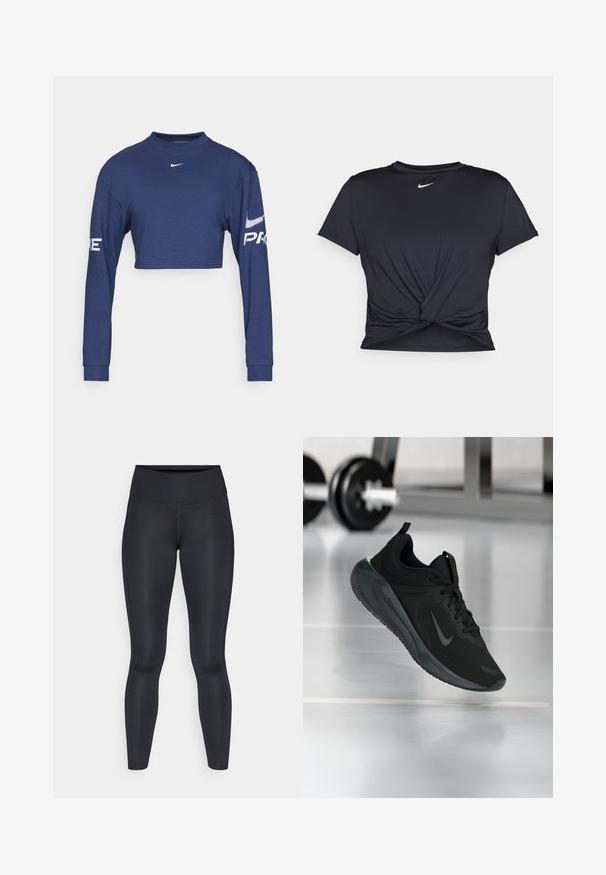 Camisa de manga longa azul marinho, cortada, feita de tecido, com um decote redondo e estampas brancas "PRO" e logo nas mangas.; T-shirt atlético preto feito de tecido liso, apresentando um design frontal com nó e um pequeno logótipo branco da Nike no peito.; Leggings pretas feitos de um tecido liso e elástico. Cintura alta sem padrões ou detalhes visíveis. Ajustam-se de forma justa da cintura até os tornozelos.; Sapatilha desportiva preta com o logotipo da Nike, mostrada em pleno ar sobre o chão do ginásio, com um suporte de halteres desfocado ao fundo.