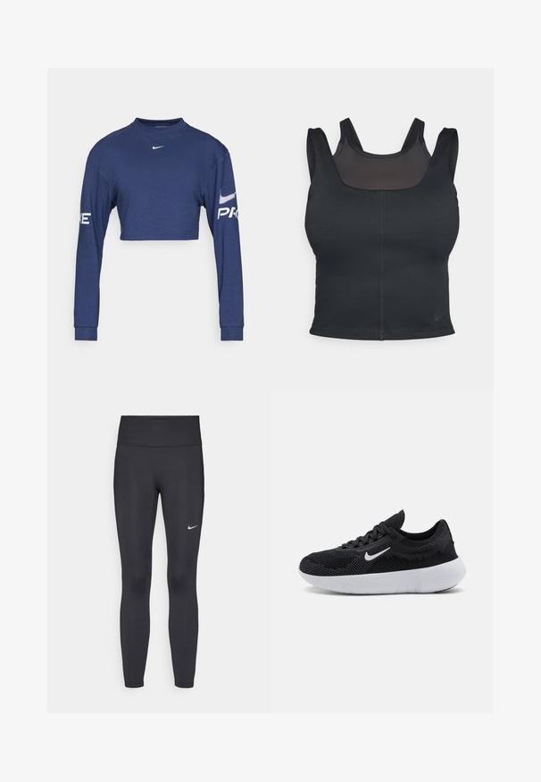 Námořnickomodrý zkrácený dlouhý rukáv košile vyrobená z látky, s kulatým výstřihem a bílými potisky "PRO" a loga na rukávech.; Černá sportovní podprsenka s přiléhavým střihem, širokými ramínky a síťovaným překrytím na přední straně. Hladký povrch a minimální švy. Logo Nike na lemu.; Černé legíny vyrobené z elastického materiálu, s vysokým pasem a bílým logem Nike na levém stehně. Hladká textura, přiléhavý střih.; Černá sportovní obuv s prodyšným svrškem, texturovaným designem, kulatou špičkou, bílou gumovou podešví a logem Nike na boku.