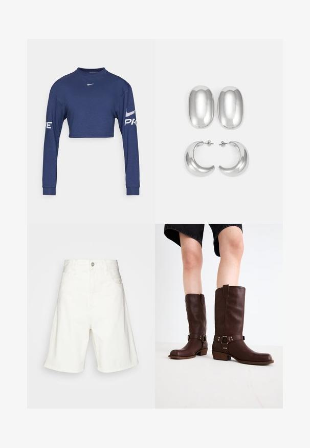 Camiseta de manga larga corta en azul marino, hecha de tela, con un escote redondo y estampados en blanco de "PRO" y el logo en las mangas.; Shorts de mezclilla blanca con una cintura alta, que cuentan con un cierre de botón frontal, dos bolsillos laterales y un ajuste relajado. Textura suave sin patrones visibles.; Botas de cuero marrón hasta la rodilla con punta redonda, superficie texturizada, correa en el tobillo y detalles de hardware plateado; tacón apilado.; Conjunto de aretes de color plateado: dos pendientes ovalados y dos aros en forma de media luna, con un acabado brillante y suave y un diseño redondeado.
