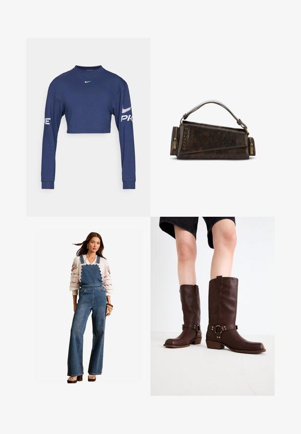 Maglia a maniche lunghe cropped blu navy in tessuto, con scollo rotondo e stampe bianche "PRO" e logo sulle maniche.; Salopette in denim con un design scallopato sul bavaglino, gambe svasate e tasche laterali. Abbinata a una blusa bianca ricamata e accessori in legno.; Stivali marroni in pelle al ginocchio con punta rotonda, superficie testurizzata, cinturino alla caviglia e dettagli in metallo argentato; tacco impilato.; Borsa a mano in pelle marrone con un design geometrico, caratterizzata da un manico superiore e dettagli in ottone sulla cerniera. Logo stampato a caldo sul lato.