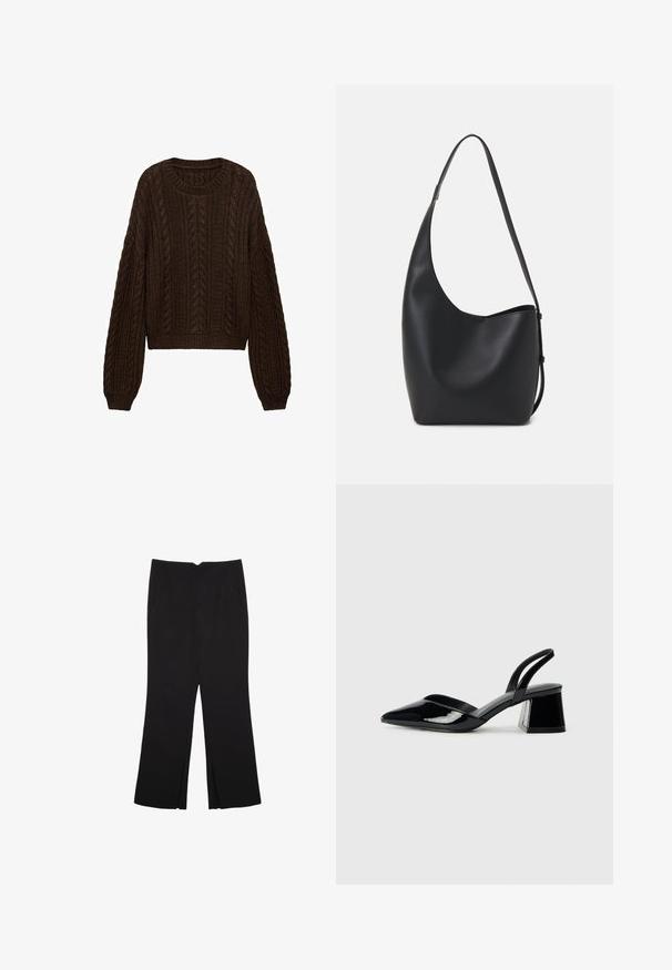 Hnědý pletený svetr s opleteným vzorem, kulatým výstřihem a dlouhými rukávy s mírně zkráceným střihem. Texturovaná látka dodává hloubku.; Černé kalhoty s rovným střihem, s předními kapsami a bočními rozparky na lemu. Vyrobené z jemné, hladké tkaniny. Vhodné na různé příležitosti.; Černé lakované kožené lodičky na pásku s špičatou špičkou a geometrickým blokovým podpatkem. Vyznačují se elegantním, minimalistickým designem a hladkým povrchem.; Černá kožená hobo taška s hladkým povrchem, zakřiveným tvarem a jedním nastavitelným popruhem; má široké otevírání nahoře.