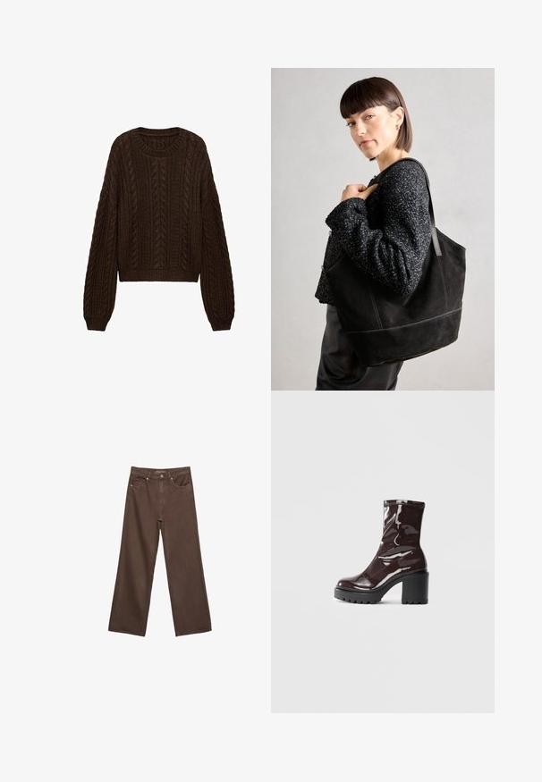Brun stickad tröja med ett kabelmönster, rund halsringning och långa ärmar med en något kortad passform. Texturerad tyg ger djup.; Breda bruna jeans i denim med hög midja, framfickor och klassisk knäppning. Slät textur med subtil sömnad.; Glansig bordeauxfärgad ankelsko med en kraftig svart klack, som har en slät yta och enkel design. Inga synliga stängningar eller mönster.; Svart mocka tote-väska med en slät textur, strukturerad form och kontrasterande sömmar. Har långa bärremmar för axelbärande.