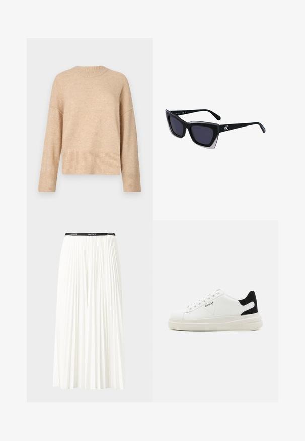 Beige knit sweater with a round neckline, dropped shoulders, and ribbed hem. The texture appears soft and slightly fuzzy.; Pleated white skirt with a black elastic waistband featuring the "LACOSTE" logo. Mid-length design with soft texture.; White leather sneakers with a thick white sole, black suede heel accent, and embossed logo on the side. Laced design with six eyelets.; Black oversized sunglasses with a geometric shape, featuring dark lenses and a contrasting grey detail on the frame. Logo on the arm.
