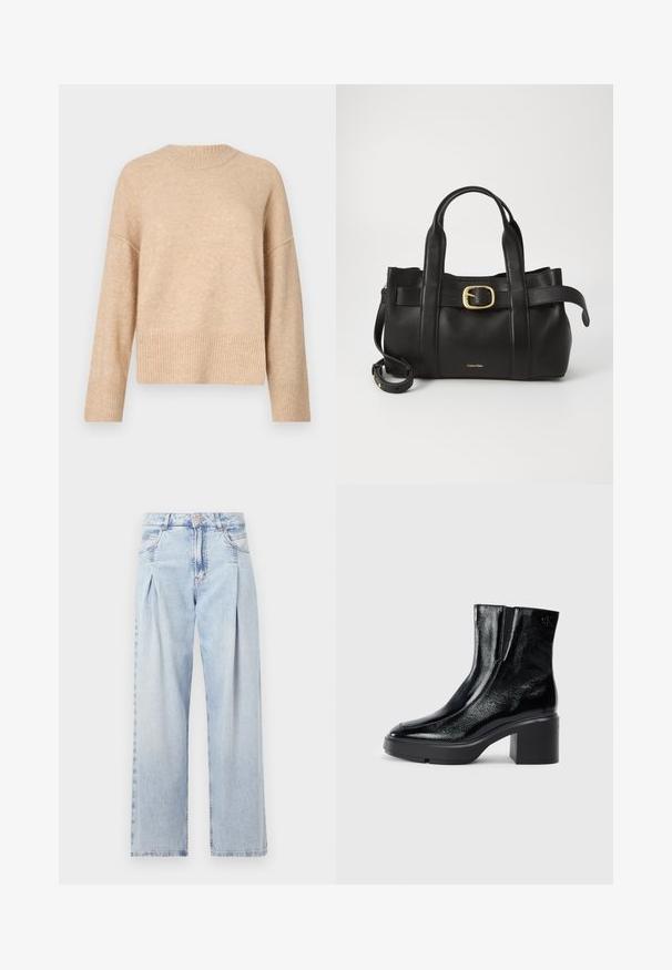 Suéter de punto beige con cuello redondo, hombros caídos y dobladillo acanalado. La textura parece suave y ligeramente borrosa.; Jeans de mezclilla azul claros con cintura alta, corte de pierna ancha, dos bolsillos laterales y un diseño plisado. Textura suave con un acabado deslavado.; Botas de tobillo de charol negro con puntera curva, paneles laterales elásticos y un tacón ancho. Presentan un logo embosado en la parte posterior.; Bolso de cuero negro con un diseño estructurado, doble mango superior, detalle de hebilla en tono dorado y logo de la marca grabado en la parte frontal.