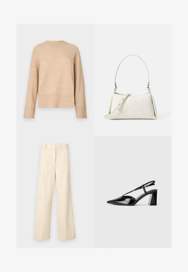 Pull en maille beige avec un col rond, des épaules tombantes et un ourlet côtelé. La texture semble douce et légèrement duveteuse.; Pantalons beige à jambes larges avec un devant plat, passants de ceinture et fermeture éclair. Fabriqués en coton léger avec une texture lisse.; Chaussures à talons hauts en cuir verni noir, avec un bout pointu, une sangle réglable et un talon rectangulaire épais.; Sac à main blanc avec une texture lisse, une silhouette incurvée et une bandoulière réglable. Présente un motif de logo subtil et des accents en métal argenté.